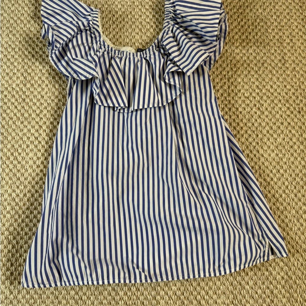 MDS Stripes Blue and White Striped Off the Shoulder Top